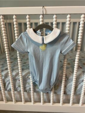 Baby Blue Short-Sleeve Chick One-Piece with White Peter Pan Collar